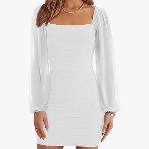 White Longsleeve Ruched Mesh Square Neck Mini Dress